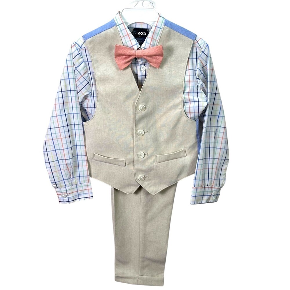 IZOD Kids 4 Pc Formal Suit Set LT Khaki Plaid Shirt Bow Tie Vest Pants Size 4T